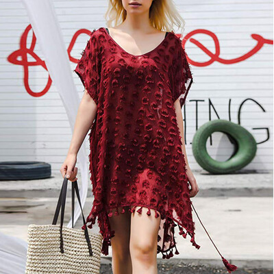 

Roseonmyhand Womens Pom Pom Trim Kaftan Chiffon Swimwear Beach Loose Bikini Cover Up