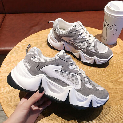 

Breathable sports shoes female Korean version of Internet celebrity fashion muffin thick soled father shoes casual tie running sho
