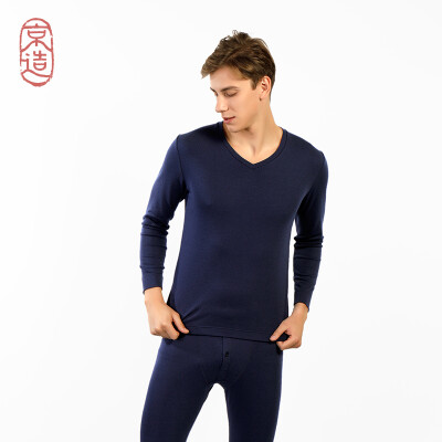 

JZAO mens thermal underwear wool thickening autumn clothes long pants warm set navy blue V collar  code