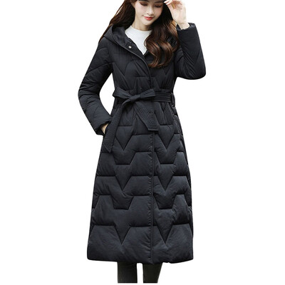 

Toponeto Women Fashion Outerwear Long Bow Belt Cotton-padded Jacket Pocket Hooded Coats