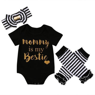 

Striped Newborn Baby Kids Girls Headbands RompersLeg Warmer Outfits Set 0-18 M