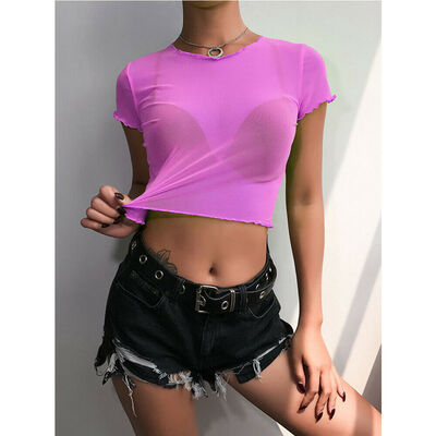 

Women Ladies Mesh Sheer See-through Tank Crop Top Casual T-Shirt Blouse -L