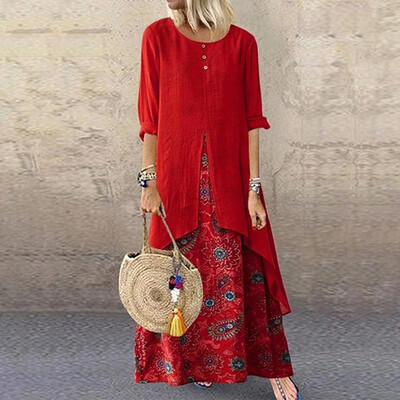 

Vintage Women Autumn Floral Print Splicing Dress Fake Two Pieces O Neck Long Sleeve Button Holidays Maxi Dress