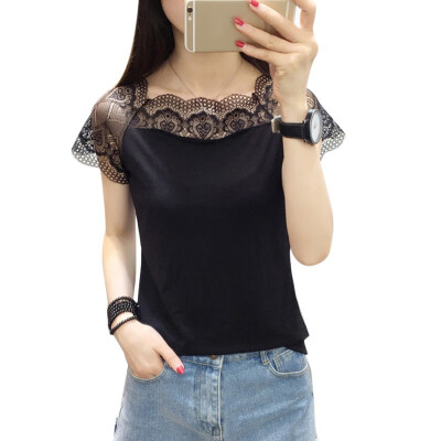 

Lace Stitching Short Sleeve Casual T-Shirt Women Tops Summer Slash Neck Tee