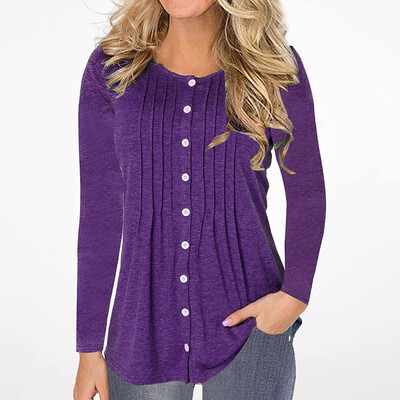 

Autumn Winter Fashion Casual Women Cotton O-neck Long sleeve Button-down T-shirt