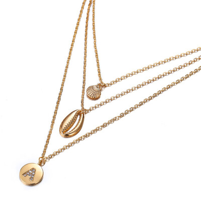 

Bohemian Cowrie Shell Pendant Multi Layered Necklace Gold Long Chain Letter Initial Necklace For Women Crystal Choker Jewelry