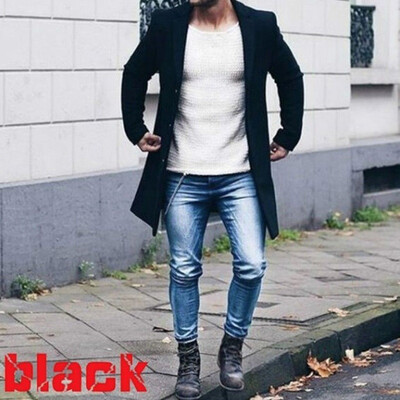 

Men Wool Coat Winter Trench Coat Outwear Overcoat Long Sleeve Button Up Jacket