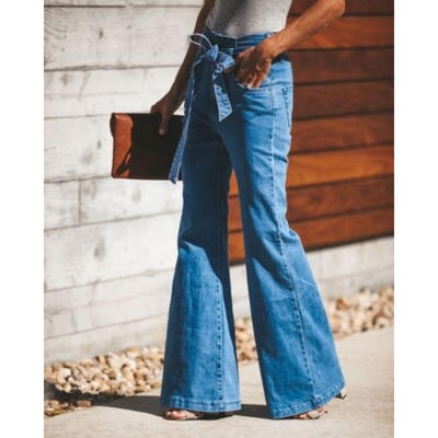 

New Fashion Women High Waist Jeans Flares Casual Wide Leg Denim Jeans Blue Sexy Long Pants