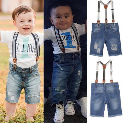 

Toddler Kids Baby Boy Denim Hole Jeans Bib Overalls Short Pants Clothes Casual