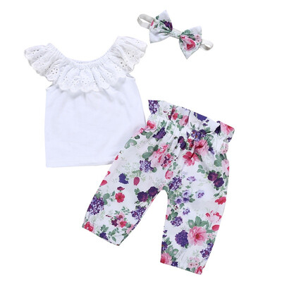 

Summer Toddler Girl Sleeveless Lace Collar T-shirt Blouse Tops Floral Pants with Headband Casual Outfits