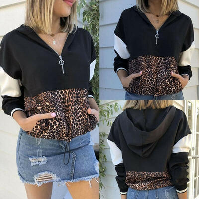 

Women Fashion Leopard Patchwork Sweatshirt Black Long Sleeve Pullover Hooded Sweatshirts Autumn Tops Blouse -XL