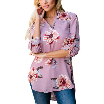 

V Neck Floral Printed Causal Women Blouse Girl Loose Pullover Long Sleeve Top