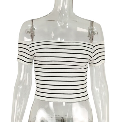 

Women Summer One Word Collar Short-Sleeved Stripes Print Slim Casual Simple Wild T-Shirt