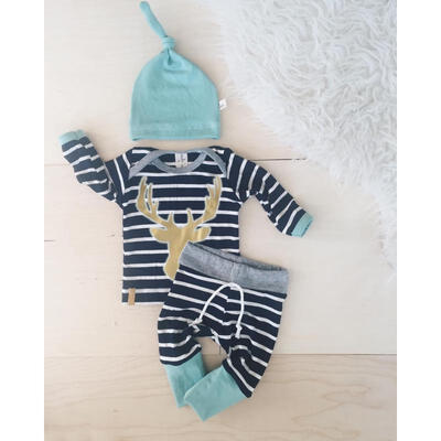 

3pcs Baby Boys Girs deer printing shirts tops striped long pants hats outfits set