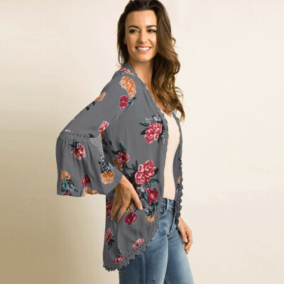 

New Women Casual Kimono Cardigan Floral Print Open Front Boho Loose Outerwear Beach Bikini Cover Up