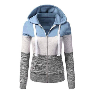 

Women Hooded Plus Size Autumn Winter Warm Casual Zipper Three-Color Stitching Slim Long-Sleeved Tops