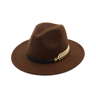 

Vintage Women Men Felt Wide Brim Fedoras Hat Trilby Jazz Gangster Cap With Leaf