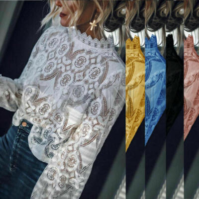 

Womens Ladies Long Sleeve Shirt Hollow out Flowers Lace Chiffon Tee Tops Blouse