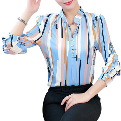 

Women Breathable Chiffon Blouse Long Sleeve Top Striped Print Shirt Slim Blouse -XL