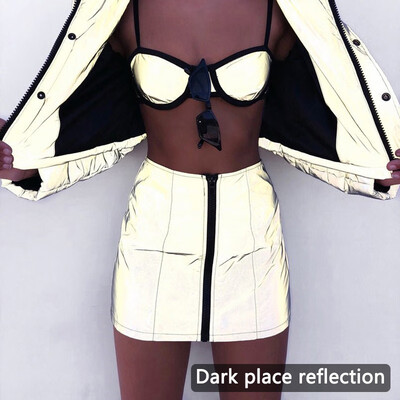 

Fashion Women Autumn Winter Reflective Skirt Slim High Waist Short Mini Dress