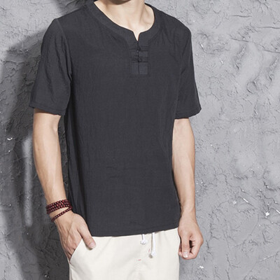 

Toponeto Mens Linen Short Sleeve Solid Color Crew Neck Loose Casual T Shirt Blouse