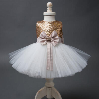 

US Flower Girls Dress Sequins Bowknot Lace Princess Baby Party Gown Formal Dress