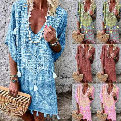 

Women Short Sleeve Boho Casual Loose Floral Kaftan Maxi Dress Ladies Dress