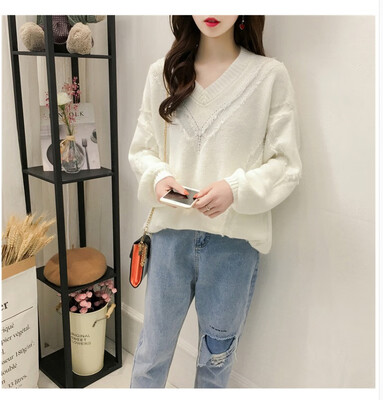 

2018 short v-neck knit women 2018 autumnwinter Korea edition easy languid wind pullover long sleeve students