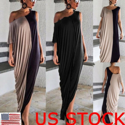

New Womens One Off Shoulder Maxi Dress Ladies Short Sleeve Splice Casual Dress