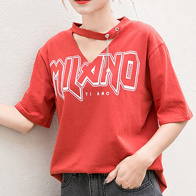

Women Trend T-Shirt Letter Printed Cotton Tee Short-Sleeved V Neck Sexy T-shirt Loose Tops Tees