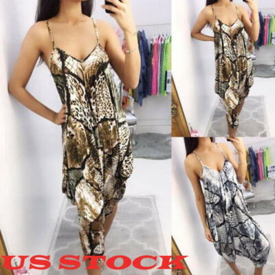 

US Summer Women Sleeveless Leopard Printed Jumpsuit Long Pants Trousers Outfits
