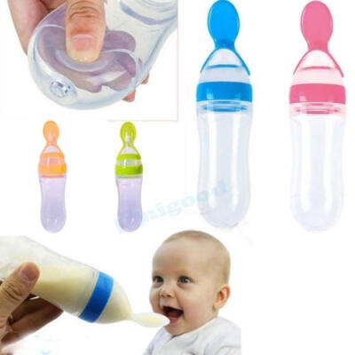 

Baby Silicone Squeeze Feeding Bottle With Spoon Food Rice Cereal Feeder 90ML