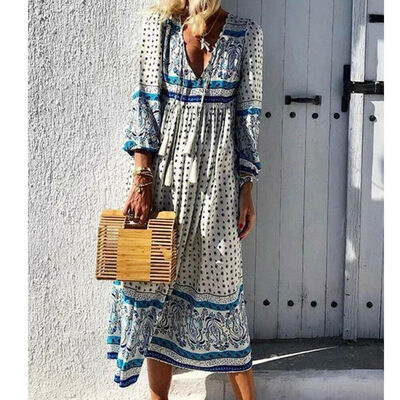 

Boho Womens Maxi Dress Ladies Summer Long Sleeve Long Kaftan Sundress Plus Size