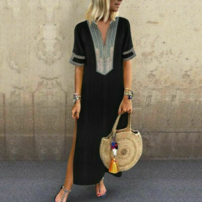 

New Womens Sleeveless Boho Party Casual Linen Kaftan Maxi Dress Long Dresses