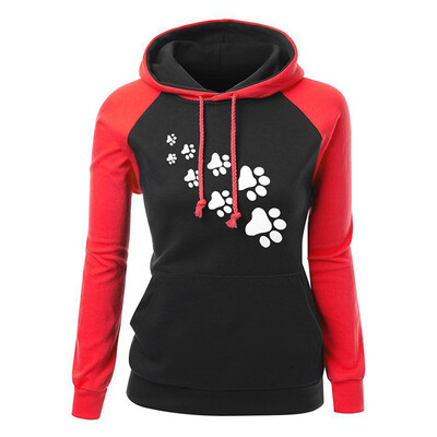 

Casual Women Dog Paw Print Hoodies Color Block Long Sleeve Hooded Sweatshirt