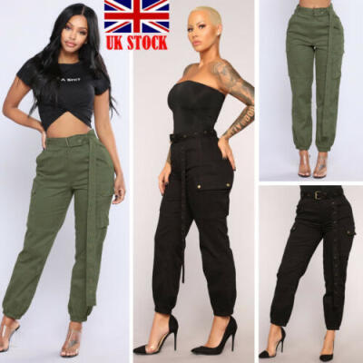 

Women Casual Harem Pants Skinny Plain High Waist Pocket Cargo Sports Trousers UK