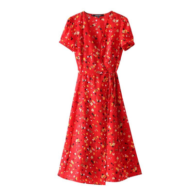 

Womens Deep V Neck Short Sleeves Floral Print Slim Waist Boho Beach Sexy Dresses