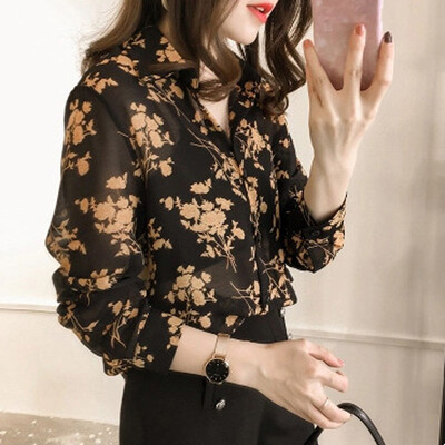 

Womens Floral Print V Neck Long Sleeve Chiffon Blouse Holiday Casual Loose Tops