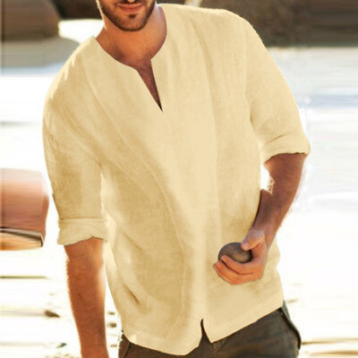 

Toponeto Mens Baggy Cotton Blend Solid Color 34 Sleeve V Neck T Shirts Tops Blouses