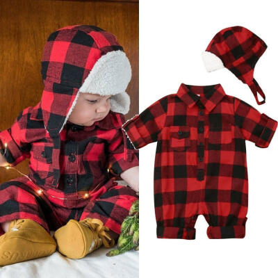 

Newborn Baby Girl Boy Plaid Romper Button Down Blouse with Flannel Coordinating Bonnet for Baby First Christmas