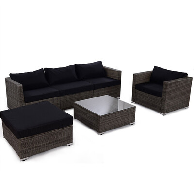 

6 pcs Patio Rattan Wicker Sectional Furniture Set w Black Cushion