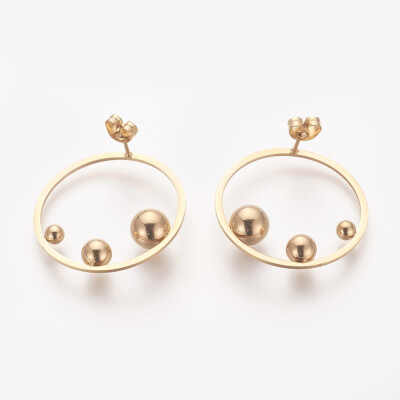 

304 Stainless Steel Stud Earrings Flat Round Golden 30mm Pin 08mm