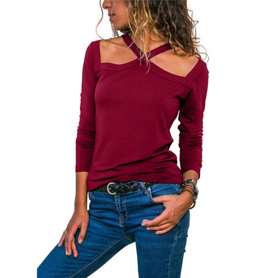 

Nomeni Women Autumn Solid O-Neck Halter Casual T shirt Long Sleevet Tops Blouse Shirt