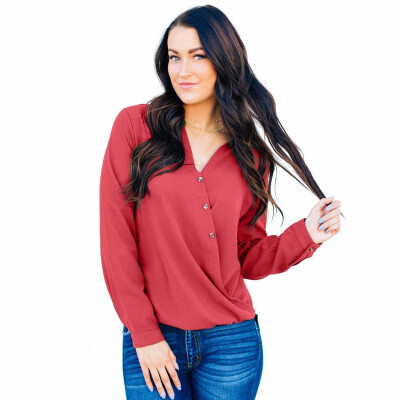 

Shirt Womens Long Sleeve V-neck Button Casual Loose Shirt
