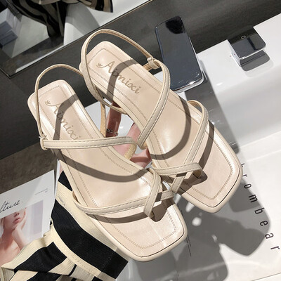 

Summer Europe&America chic retro thick heel set toe sandals womens fashion black gladiator sandals slim high heels
