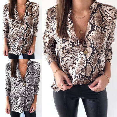 

Women Lady OL Long Sleeve Vneck Leopard Loose Tops Plain Casual Button Blouse