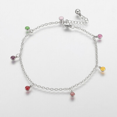 

304 Stainless Steel Charm Anklets with Enamel Charms Flat Round Platinum Colorful 10-58"270mm 2mm