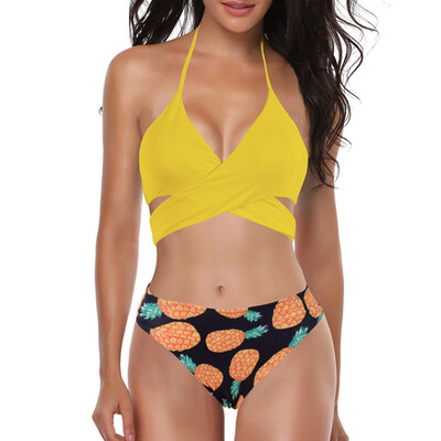 

Roseonmyhand Women Padded Halter Sexy Lace-up Pineapple Print Beach Suit Bikini Swimwear