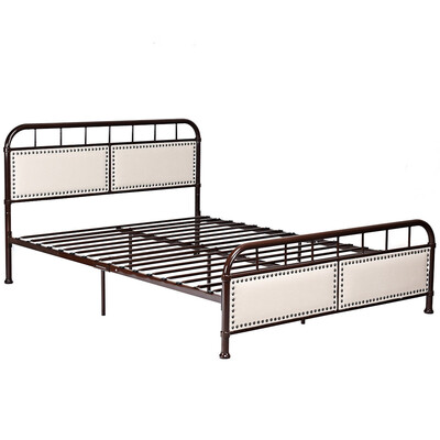 

Queen size Metal Bed Frame Platform Bed Upholstered Panel Headboard Footboard-Chocolate