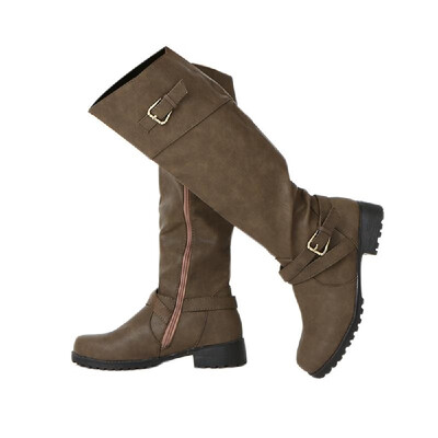 

Women Round Toe Mid Calf Boots Female Matte Leather Knight Boot Ms Buckle Square Low Heel Shoes Heeled Footwear
